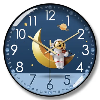 12-Инчов ултра-Тънки Стъклени Изпъкнали Безшумни Стенни часовници, Модерни Художествени Стенни Часовници за Детска стая и Хол, Стенни часовници с Космонавт