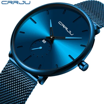 CRRJU Нови часовници мъжки 2019, мъжки модни прости сини тънки часовници е от неръждаема стомана за мъже, луксозни и ежедневни водоустойчив кварцов часовник