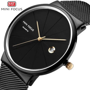 MINI FOCUS Модни Модерни кварцови Часовници с дисплей за дата Мъжки часовник 2020 Луксозен Черен ултра тънък, Мрежест каишка минималистичные мъжки часовник
