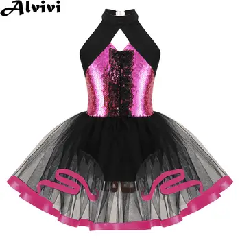 Балетната поличка за момичета, гимнастически трика, без ръкави, блестящо сетчатое рокля за танци, балерина, вечерни, сценична облекло за изпълнения