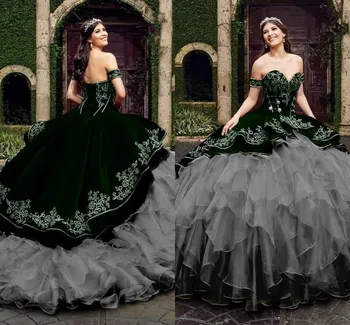 Бални рокли принцеса от зелено кадифе 