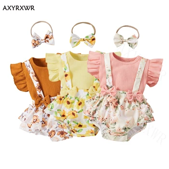 Бебешки комплекти за новородени момичета, трикотажное боди с къдри по ръкавите, плъзгачи + Шорти на подтяжках с цветен модел, памучен дрехи за малките момичета