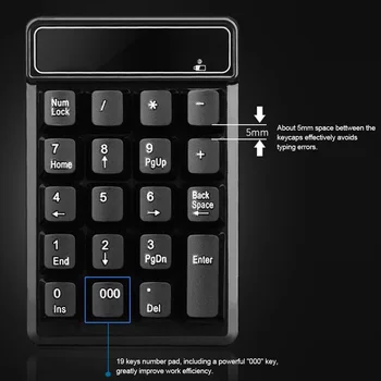 Безжична цифрова клавиатура и 2.4 Ghz, механична клавиатура с цифрова клавиатура, 19 клавиши с USB-приемник, водоустойчив за лаптоп, настолен КОМПЮТЪР