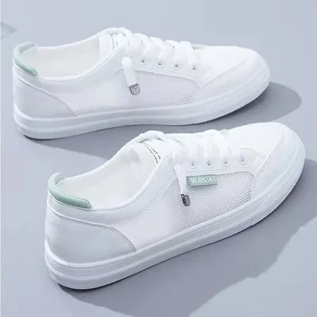Дамски обувки 2023, мода лято ежедневни бели обувки с изрезки, лейси дишащи обувки на равна подметка, женски маратонки на платформа без закопчалка