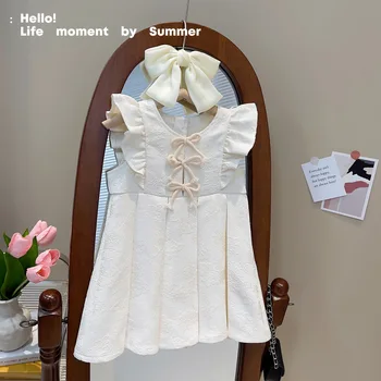 Детски дрехи Лятно плиссированное рокля за момичета, дантелено однотонное рокля без ръкави, лято 2023
