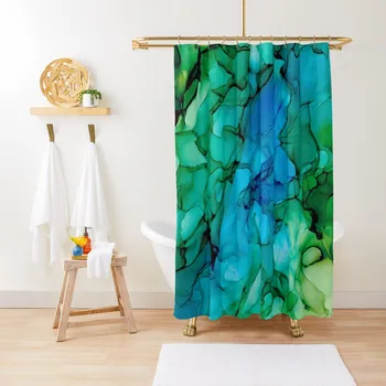 Долината на река: Синя и зелена Оригинална абстрактна живопис спиртовыми мастило Завеса за душ, душ завеса за баня