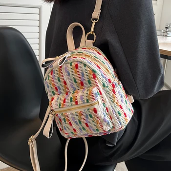 Женски мини раници, многоцветен вязаная чанта през рамо в стил мозайка, всекидневни лаптоп раница за пътуване с голям капацитет