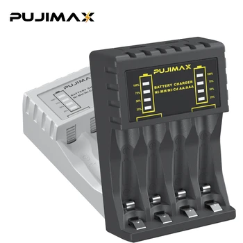 Зарядно устройство PUJIMAX, 4 Слота, Интелигентен led Дисплей, Мультизарядное устройство, Ni-Mh Батерии AAA/AA, Черни/Бели Зарядни устройства