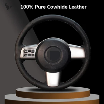 Изработена ръчно черен калъф за волан от естествена кожа за Mazda 2 2008 2009 2010 2011 2012 2013 2014