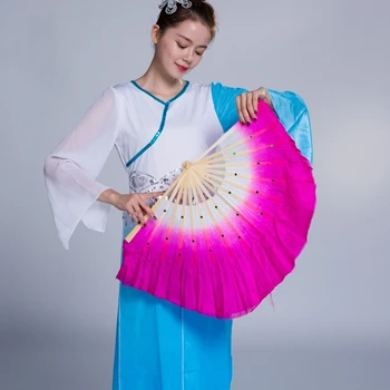 Китайски танц фен, двустранни ръчни вентилатора, сгъваеми вечерни сватбени танци копринени воали, многоцветен фен, градиентный цвят, розово, червено, Лидер на продажбите