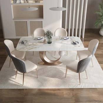 Комбинация от леки луксозна маса за хранене и столове от каменна дъски, модерен и лесен маса за хранене с правоъгълна форма