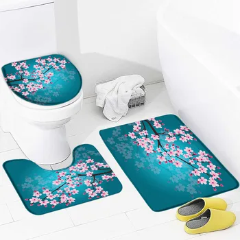 Комплект постелки за баня Sakura, Розово-червени цветя, Листа от растения, нескользящий подложка за баня, килим пътека, калъф за седалката на тоалетната чиния, Комплект декор за баня