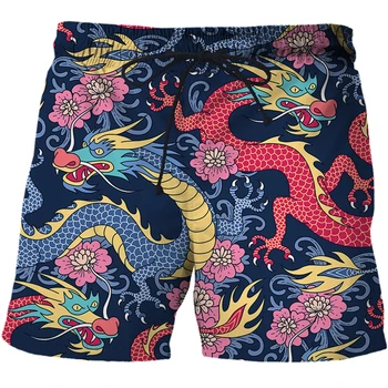 Летни мъжки къси панталони с 3D принтом тотема дракон в ретро стил, бързо съхнещи шорти за плуване, ежедневни, плажни панталони, Шорти оверсайз, тенденция мъжки дрехи