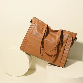 Луксозна дамска чанта от естествена кожа, чанта през рамо от 100% телешка кожа, чанти през рамо със зърно Личи, женствена чанта с голям капацитет, чанта-тоут