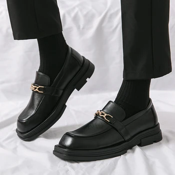 Маркови мъжки oxfords от естествена кожа, черна работна обувки Mocassin с дебела подметка, ежедневни модельная обувки на платформа без обков с квадратни пръсти