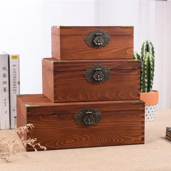 Многофункционална дървена кутия за съхранение, ретро флип-надолу капачка С ключалка, кутия-органайзер за дребни неща, настолно украшение, опаковъчна хартия, дървена кутия