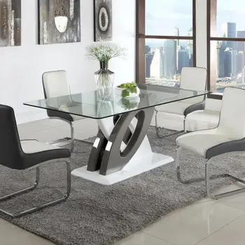 Модерна маса за хранене, правоъгълна маса, Плот от прозрачно закалено стъкло - Сиво / бяло основа, Мебели за всекидневна