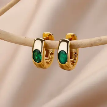 Модни овални обеци-халки с цветни цирконием за жени, обеци, пръстен със зелен кристал от неръждаема стомана, естетически, сватбени украси за партита