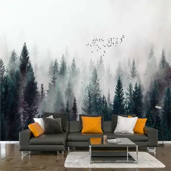 Мъгла гора, Птици, Коледно дърво, Гора, декоративни тапети, стикер, плакат, платно, самозалепващи се тапети