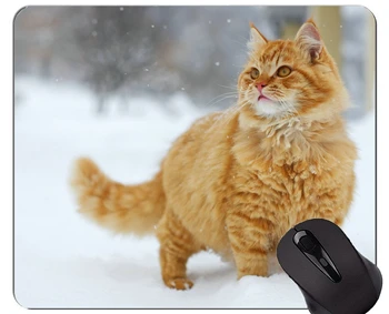 Подложка за мишка с прошитыми ръбове, снежна таби, зимна подложка за мишка с изображение на животно котка на неподвижни гумена основа