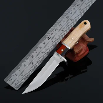 Походный нож с цветна дървена дръжка, преносими ловни ножове за оцеляване, нож с фиксирано острие в найлонови обвивка