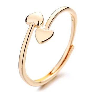 Просто метално розово злато, сребро, отворен пръстен с двойно сърце, пръстени за романтични двойки, подаръци за Свети Валентин, дамски бижута
