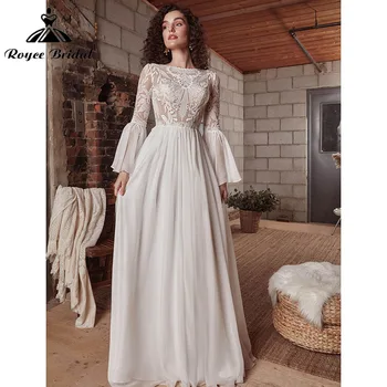 Сватбена рокля трапецовидна форма в стил бохо впечатлява със своя Бохемски стил, плажни дантелени апликации, шифоновое сватбена рокля с дълъг расклешенным ръкав и влак, сватбена рокля, с кръгло деколте и отворен гръб 2022