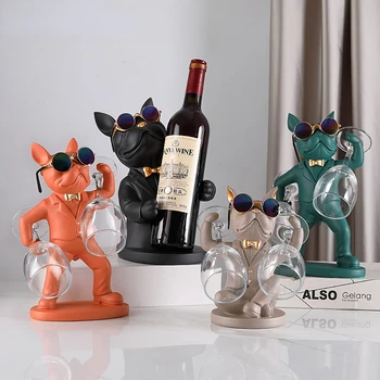 Стойка за червено вино с участието на френски булдог, Начало Декор за хола, креативна скулптура на животното, Поставка за вино, чаши, бижута и Аксесоари