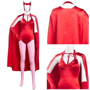 Уанда vision Wandavision Cosplay Червен костюм вещица Червен гащеризон Дъждобран Наметало Пълно оборудване, Кралят костюм за Хелоуин