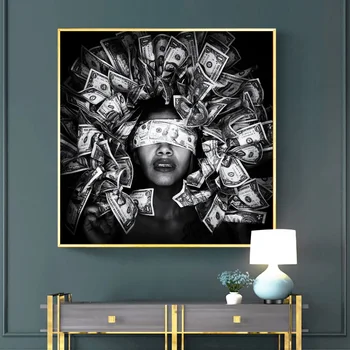 Черно-Бяло стенно изкуство Заслепени от парите женски очи Модерен плакат Hustle и щампи Crazy Dollar Момиче Платно Картина за офис декор