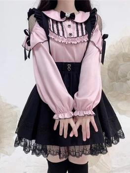 Японската Лолита Kawai, комплект от две части, Дамски лятна мини-пола с лък, сладки вечерни дамски розови върхове + лейси реколта пола, Новост 2023 година